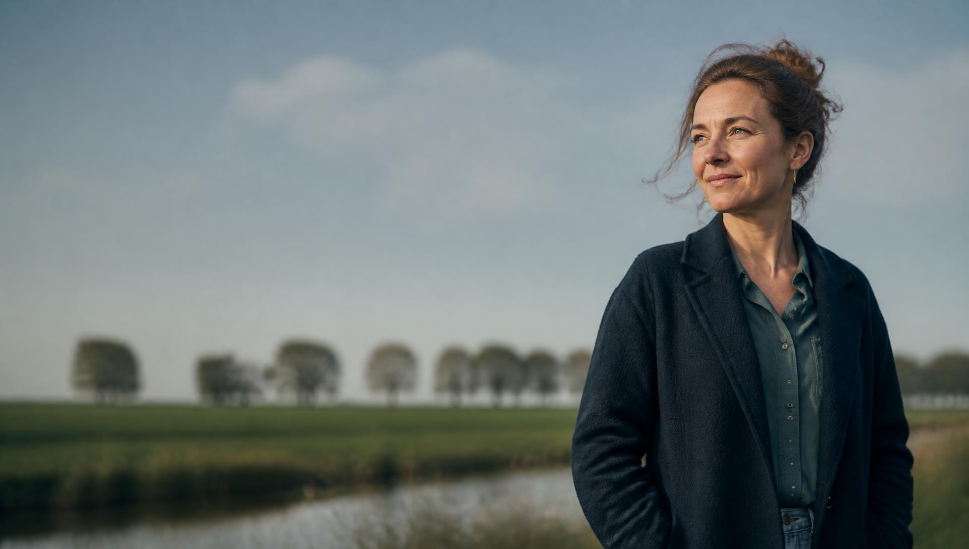A woman standing outdoors in the Dutch countryside in early morning light